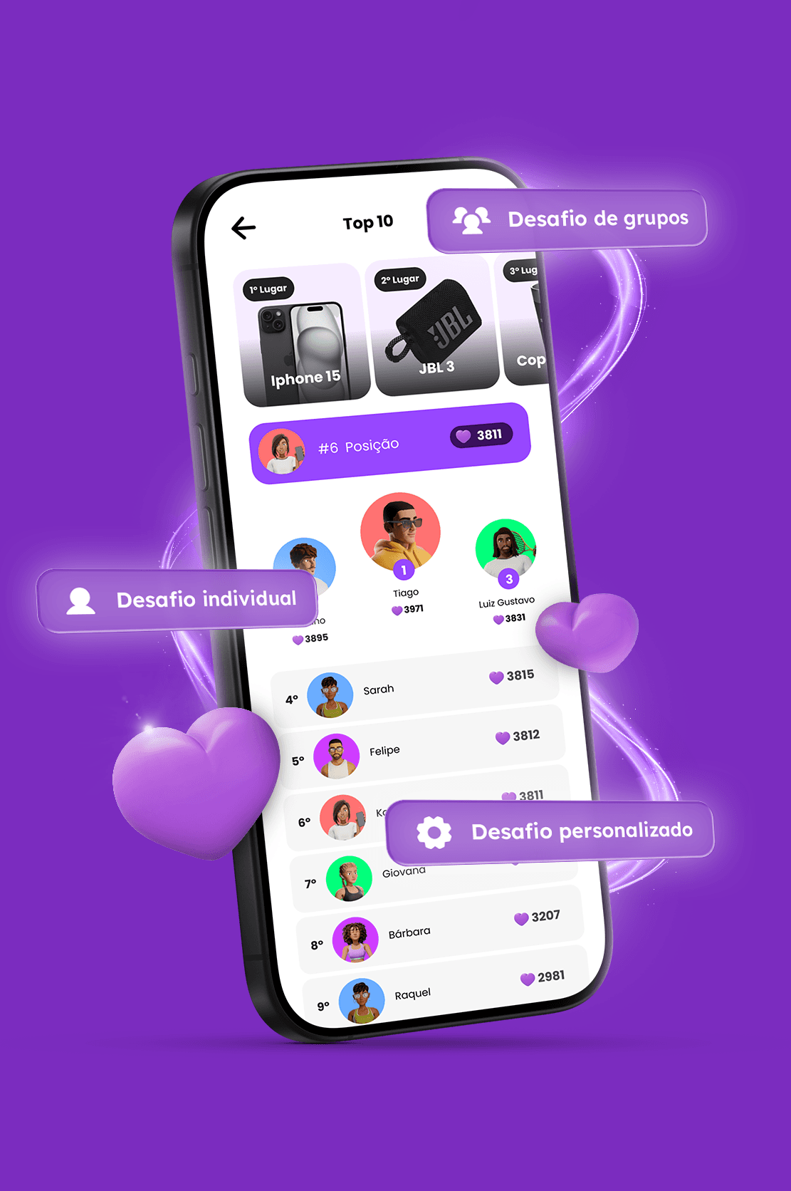 Ranking de desafios no app da Radarfit, com os prêmios e a posição dos colaboradores